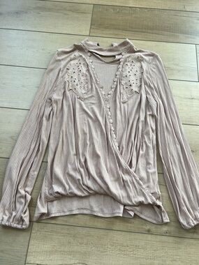 V neck Blouse with Lace Trim - Light Blush